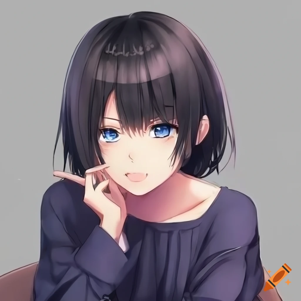 anime girl with black hair and blue eyes sitting on a couch
