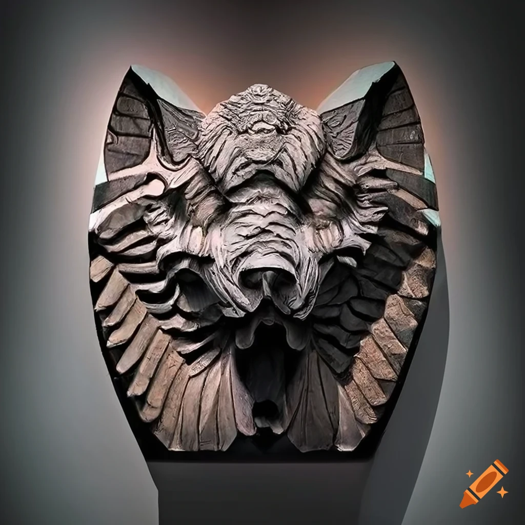 detailed carving of a moth werewolf motif