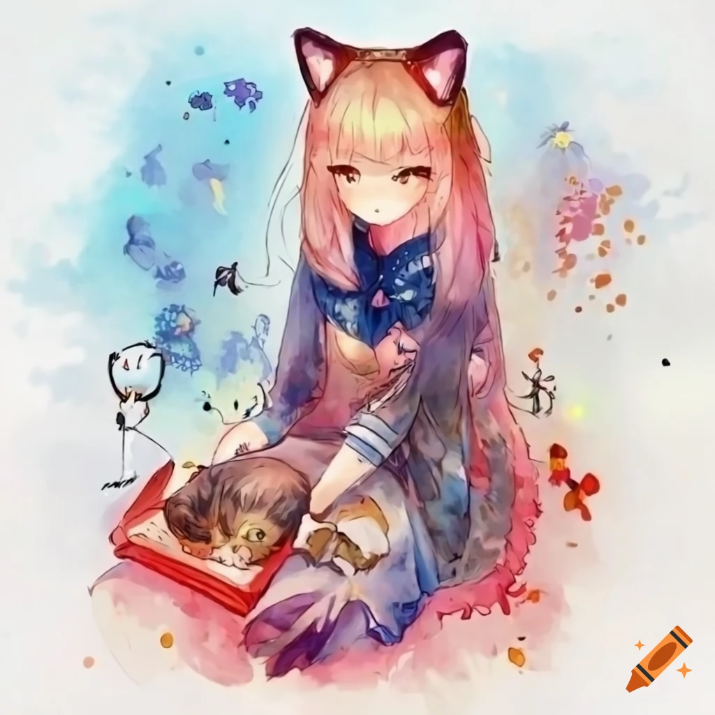 image of a cute cat girl with nekomimi and red frame glasses