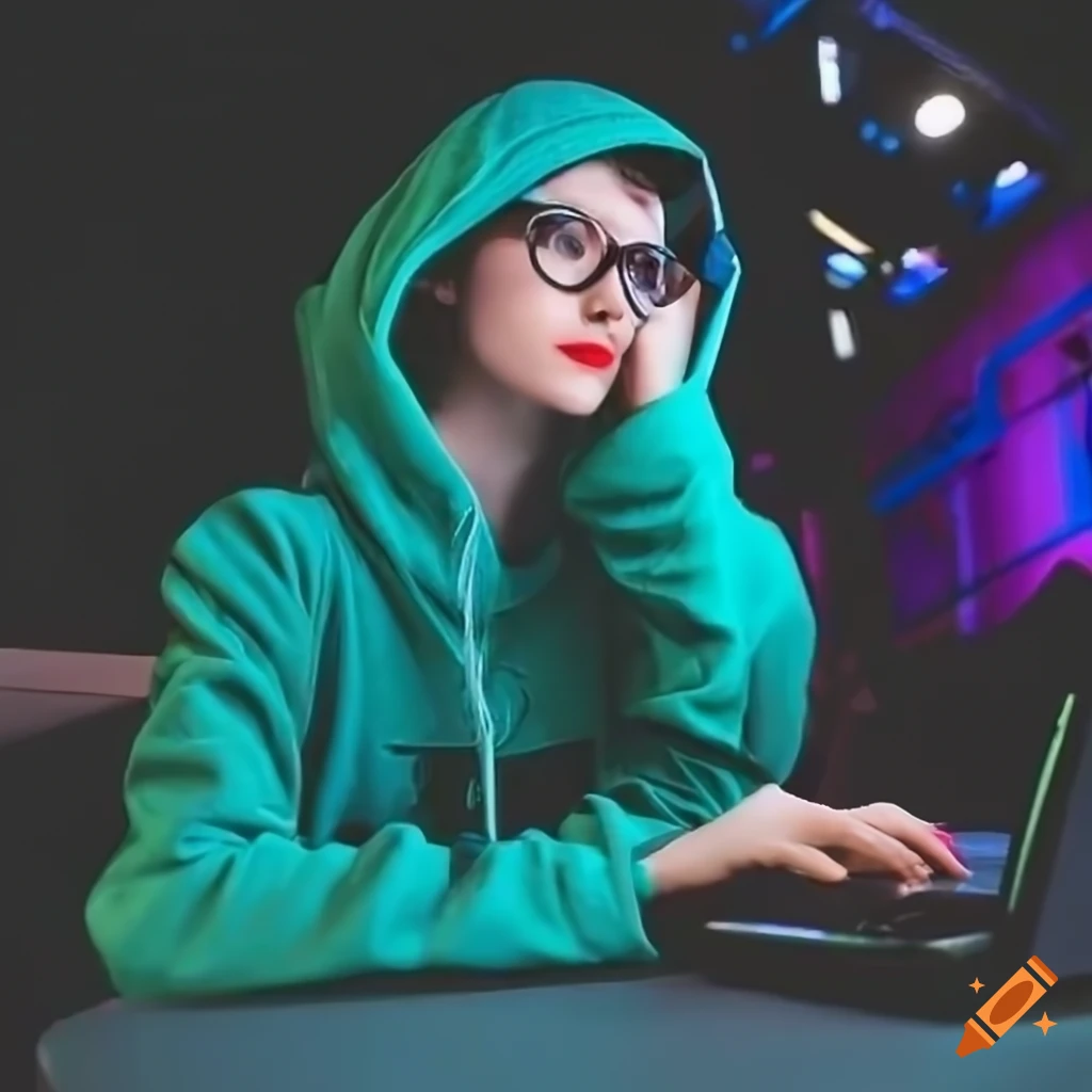 gamer girl with blue hair playing computer games