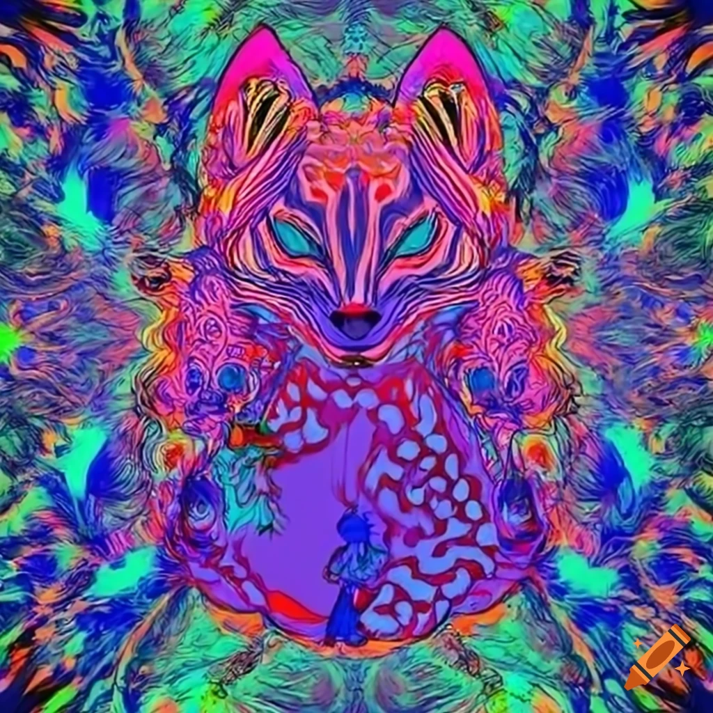 fluorescent kitsune in line art style