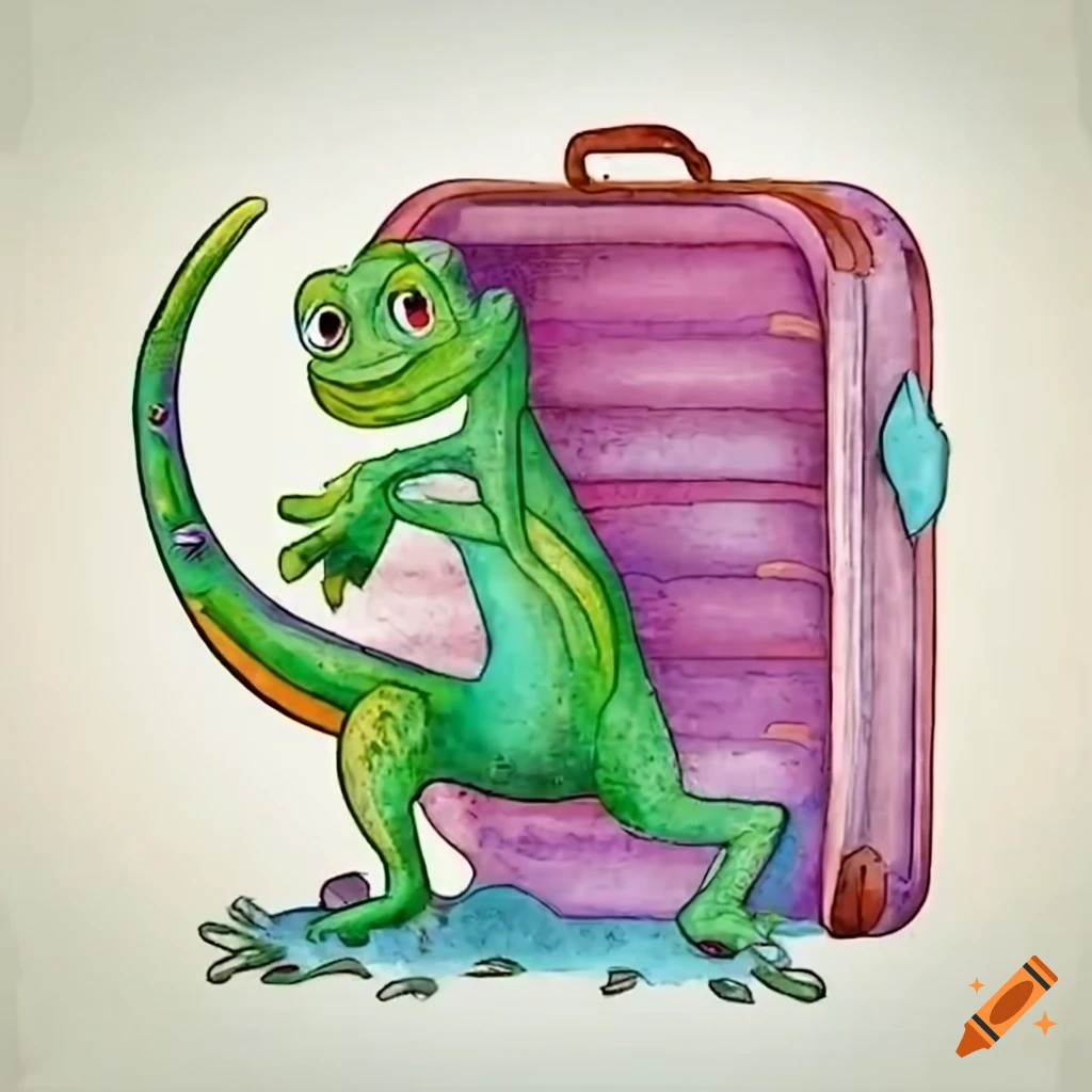 cartoon lizard with a suitcase full of fish