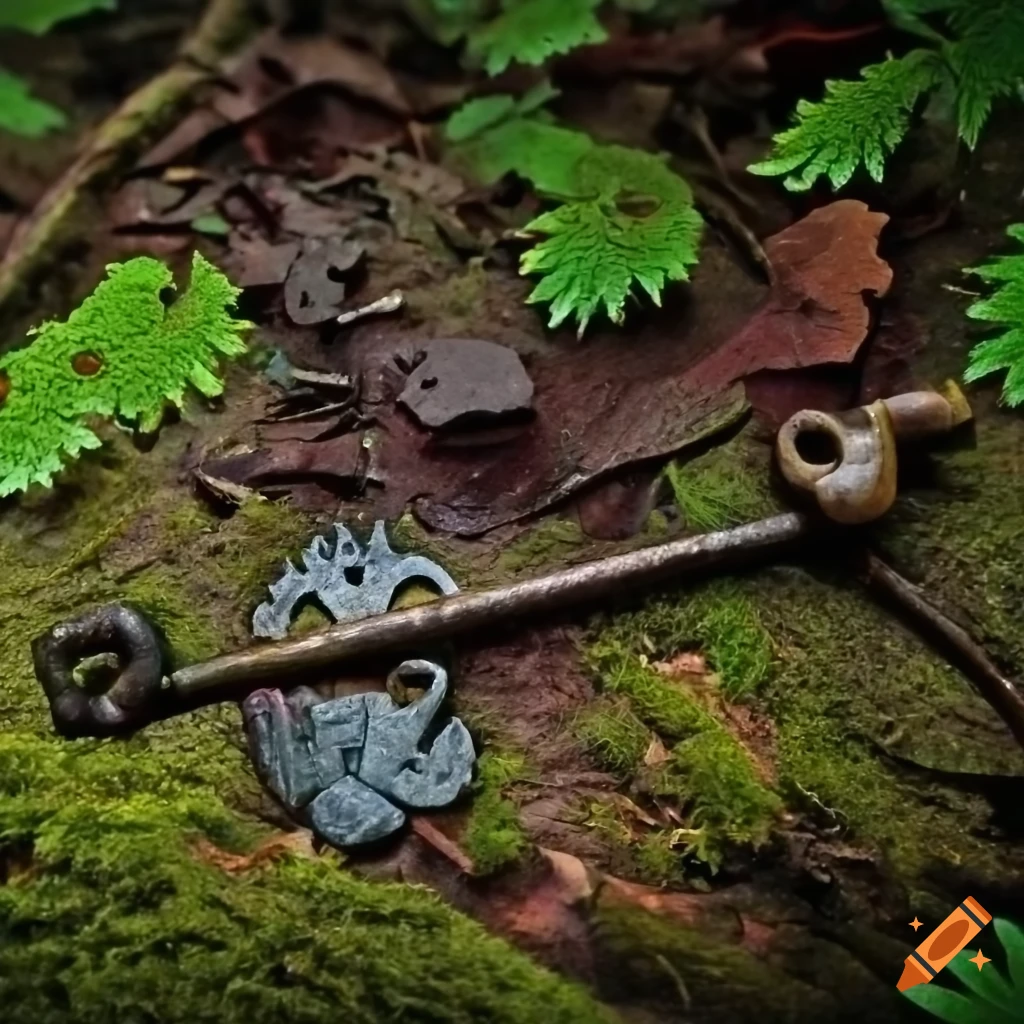 photo of an old key near a dragon's paw on a mossed trunk in a dark forest