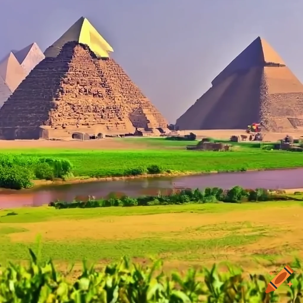 stunning view of Egyptian farms with pyramids in the background