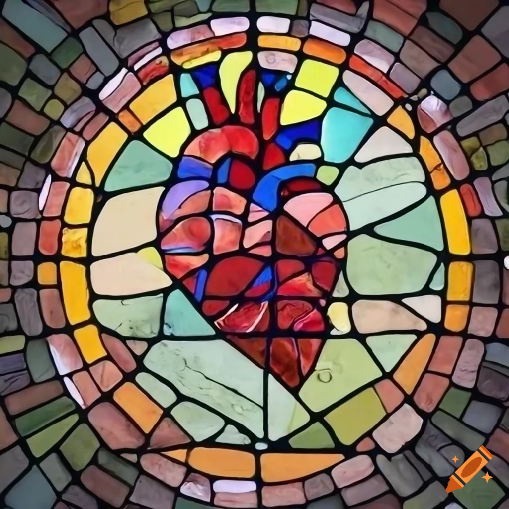 stained glass window depicting a human heart