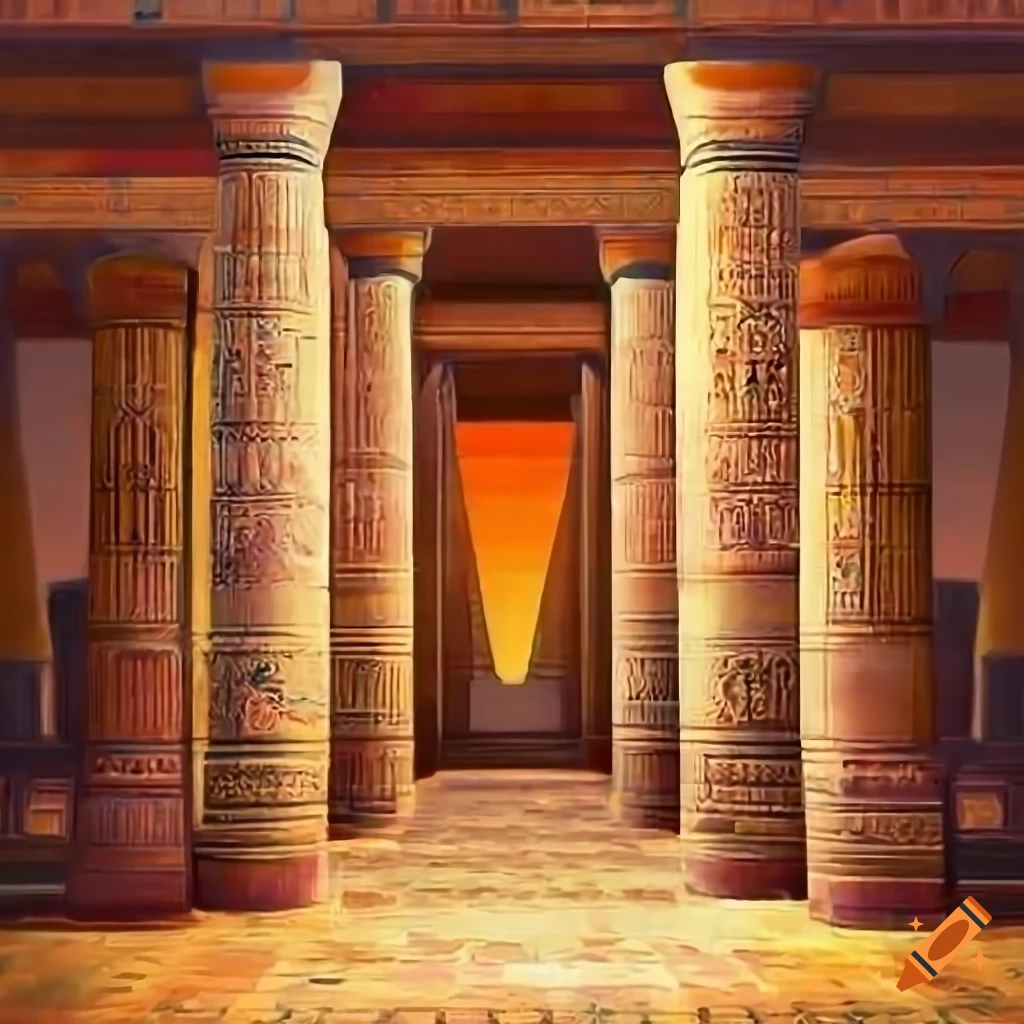 realistic painting of an empty temple with sunset rays