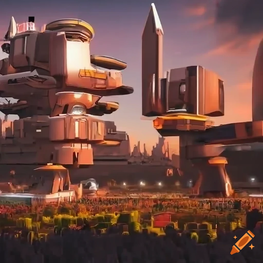 futuristic robot and people in a solarpunk town
