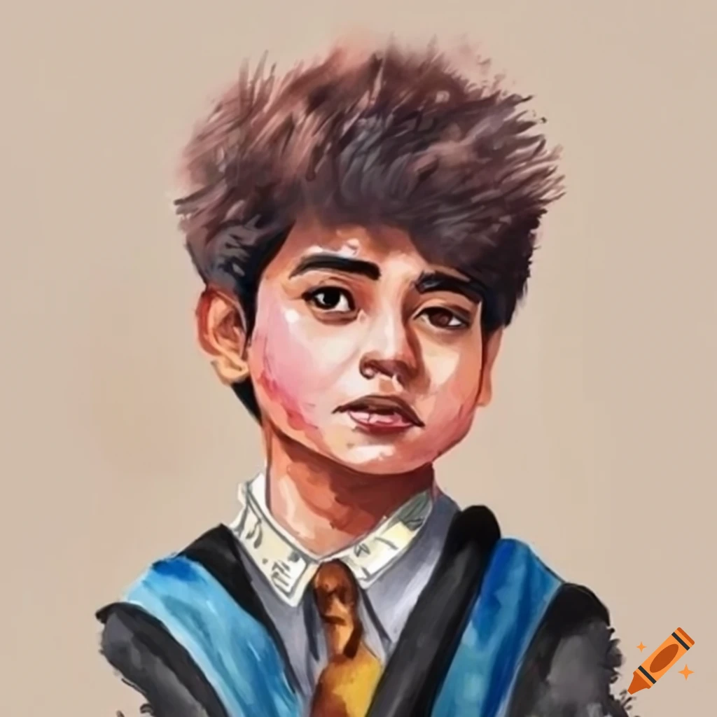 watercolor painting of an Indian boy in Hogwarts uniform