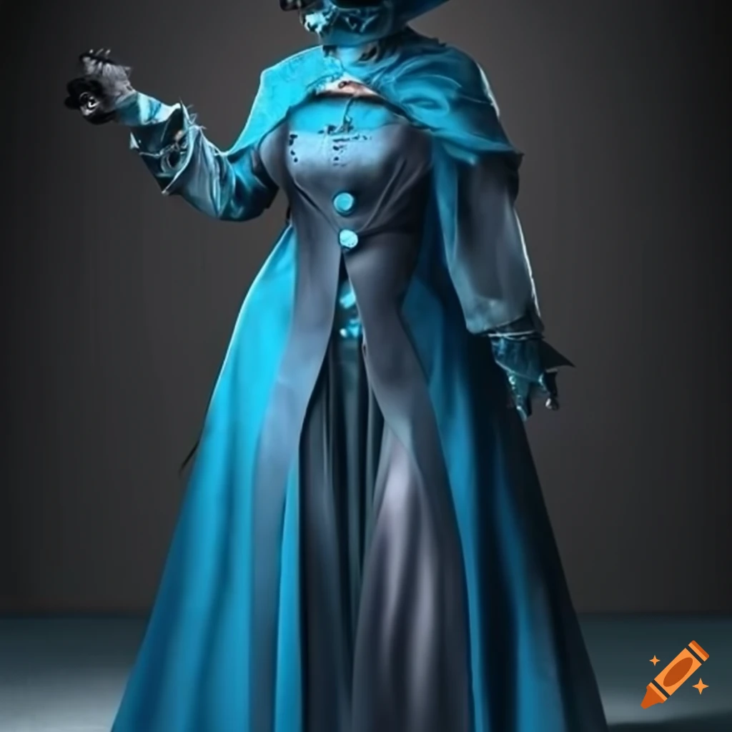 plague doctor in blue and grey costume