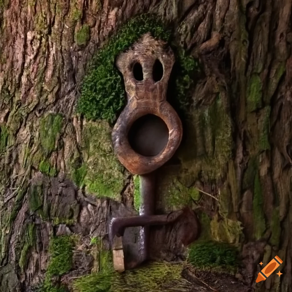 photo of an old key near a dragon's paw on a mossed trunk in a dark forest