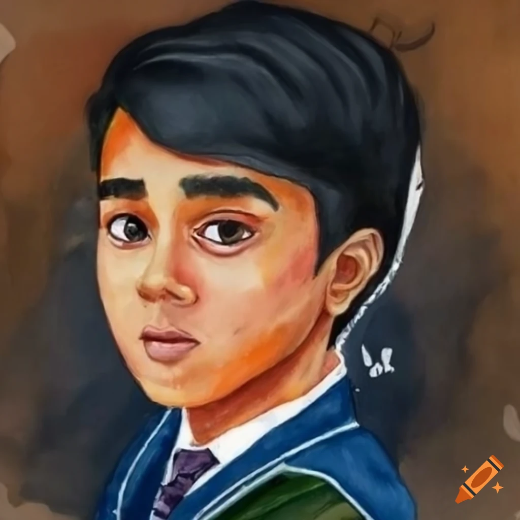 watercolor painting of an Indian boy in Hogwarts uniform