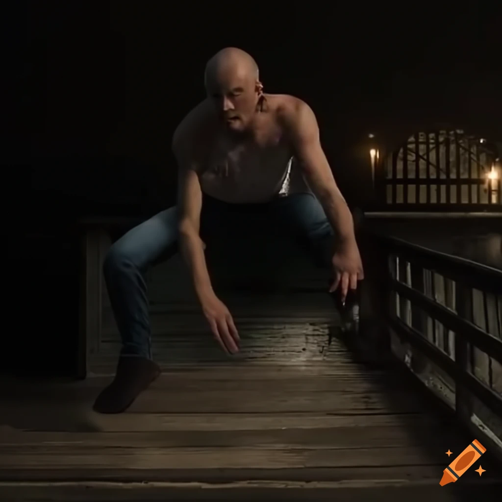 man jumping from second story balcony in a coastal town at night