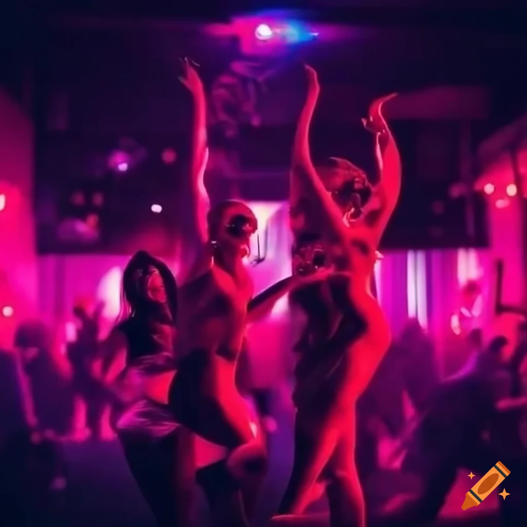 neon-lit nightclub with energetic dancers