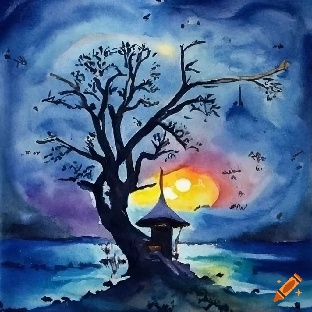 watercolor of a magical treehouse in the night sky