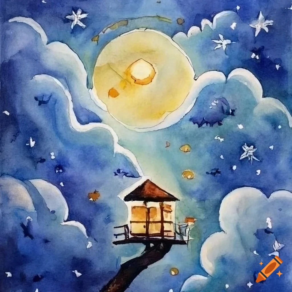 nighttime treehouse in the clouds