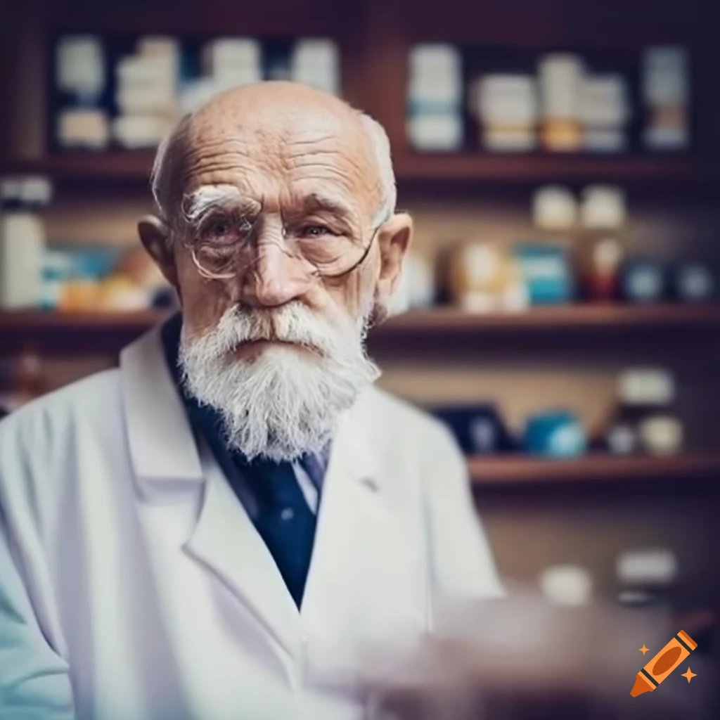 elderly man in a white lab coat in old pharmacy