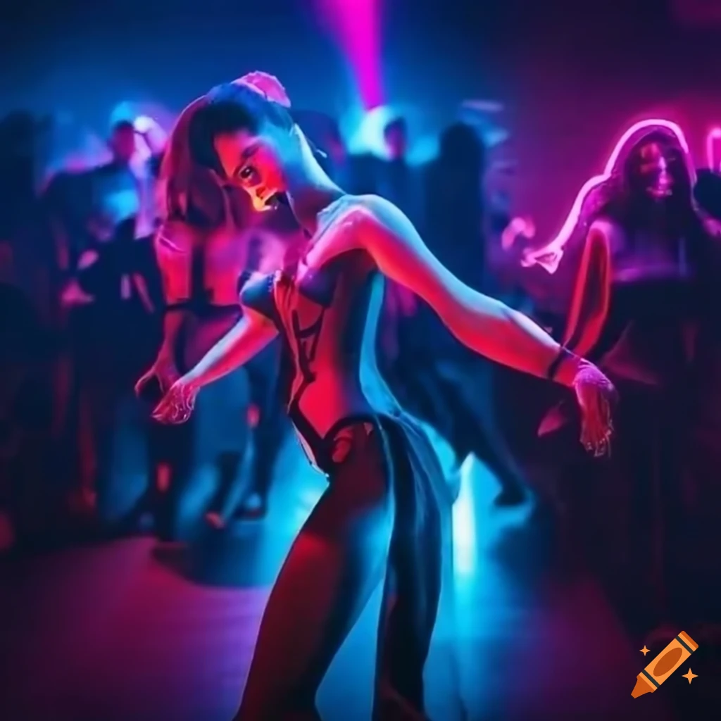 neon-lit nightclub with energetic dancers