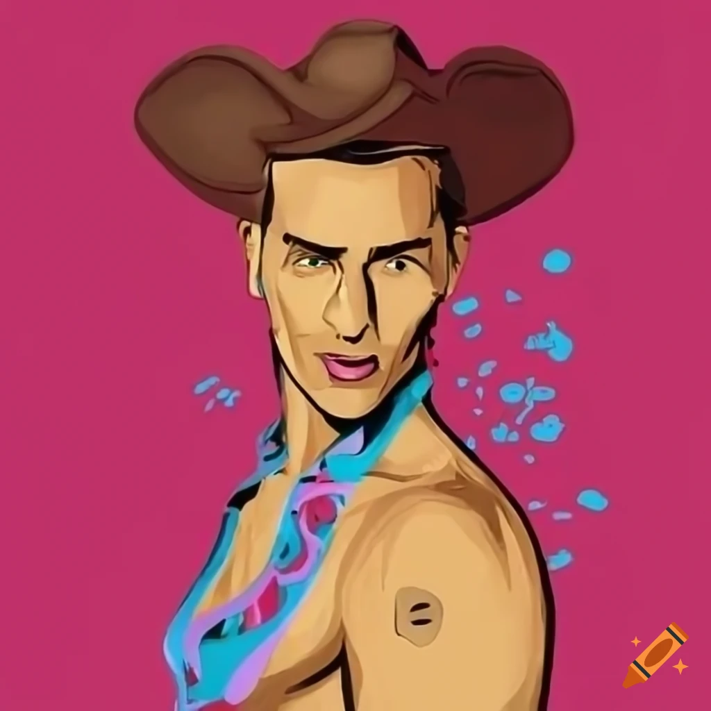 pop art of a man with cowboy hat and birthday cake