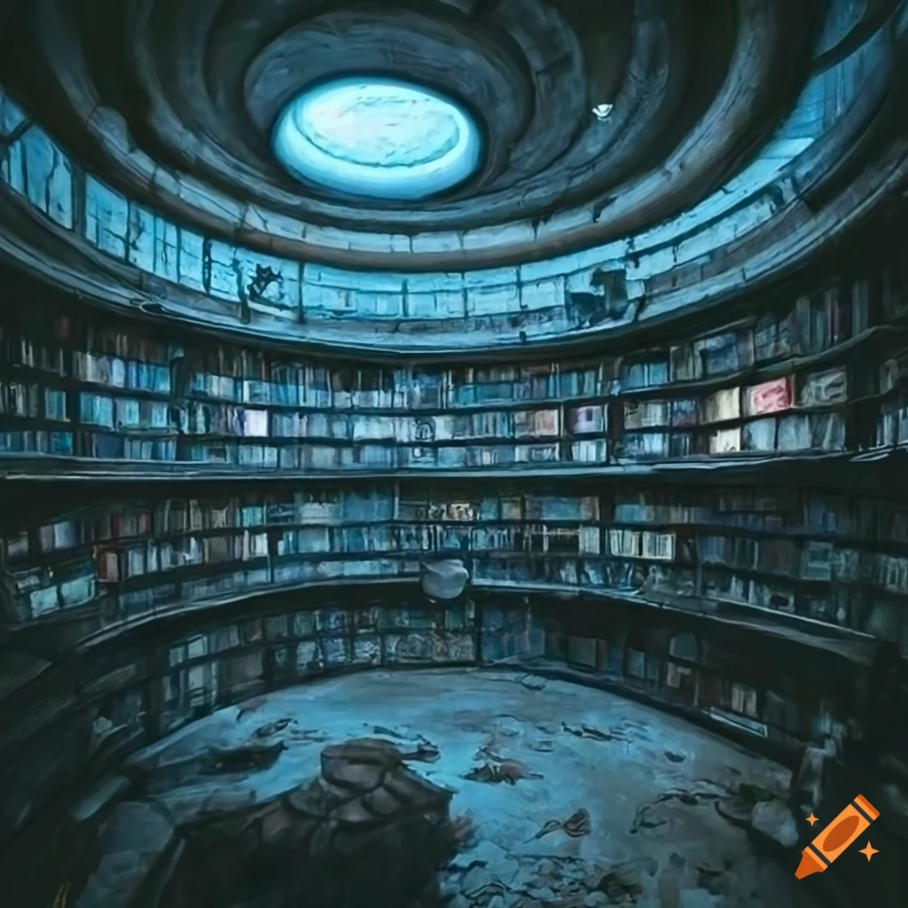 concept art of an underground library with blue lighting