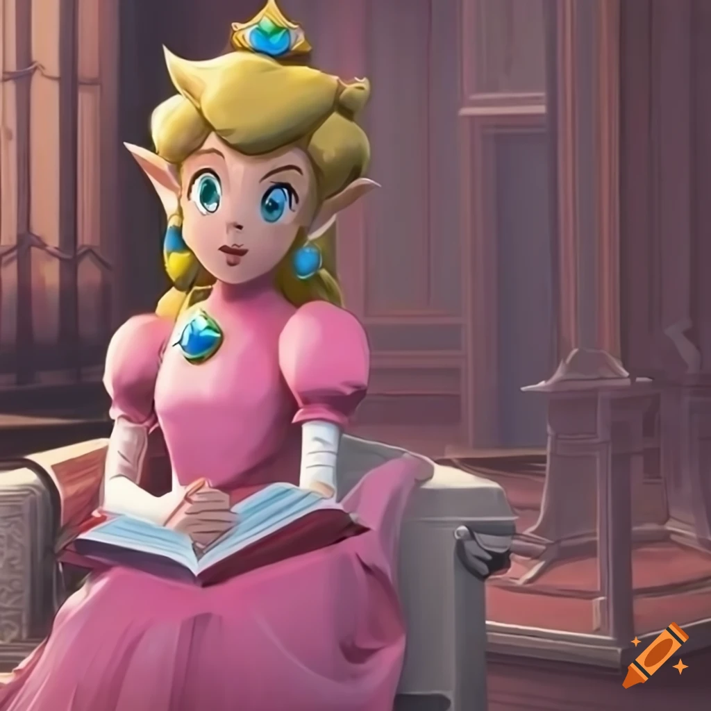 Link in princess Peach's pink silk ballgown reading in a manor