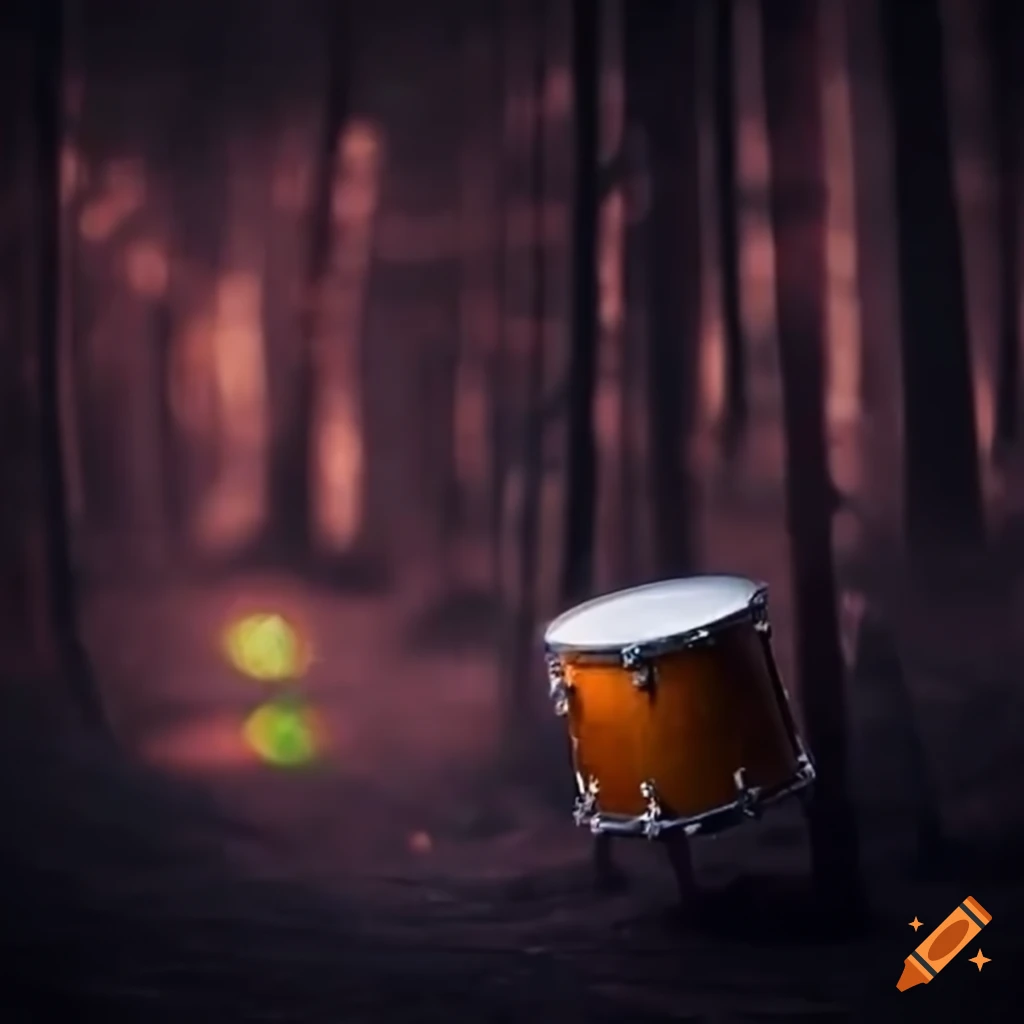 drum kit surrounded by musical notes in a forest