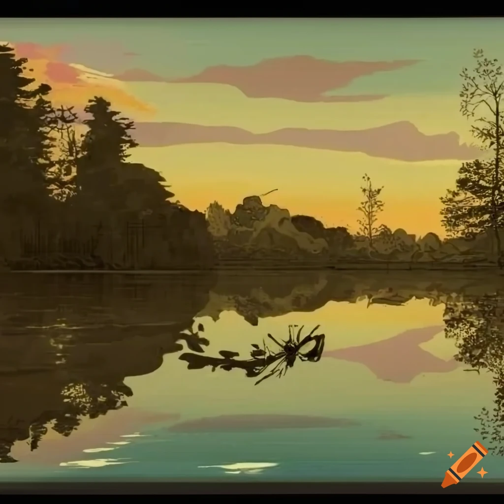 woodcut of a pond at sunset with wildlife