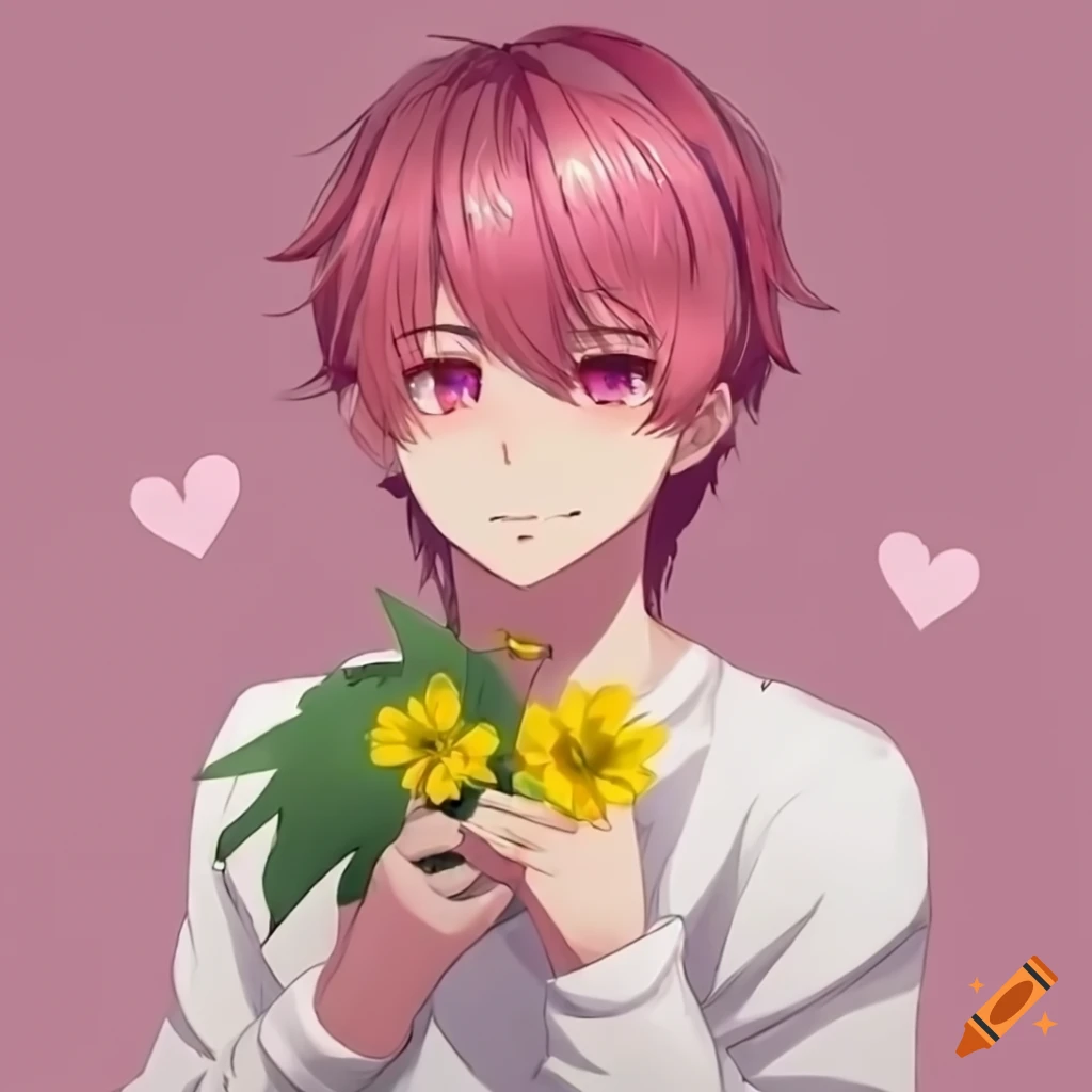 cute anime character with pink hair holding a flower