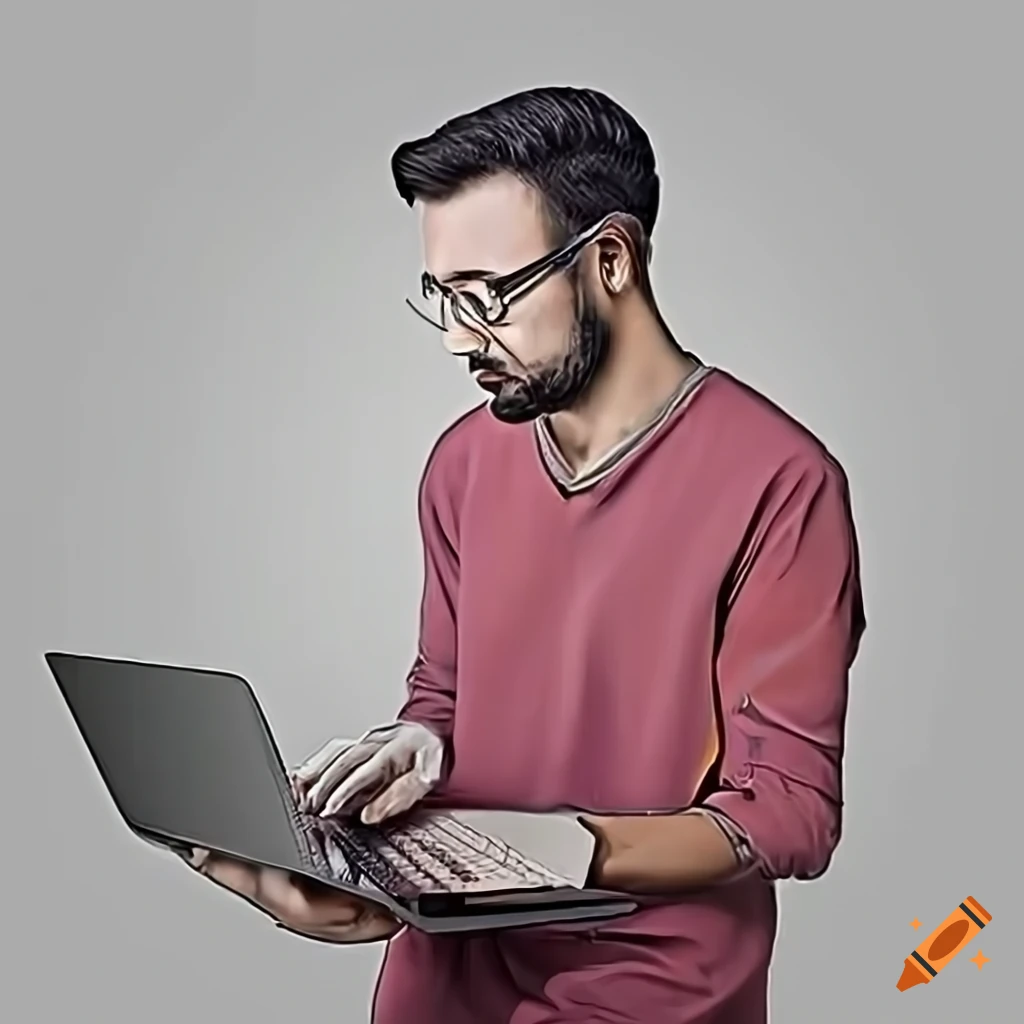 line art of a male computer scientist with open laptop