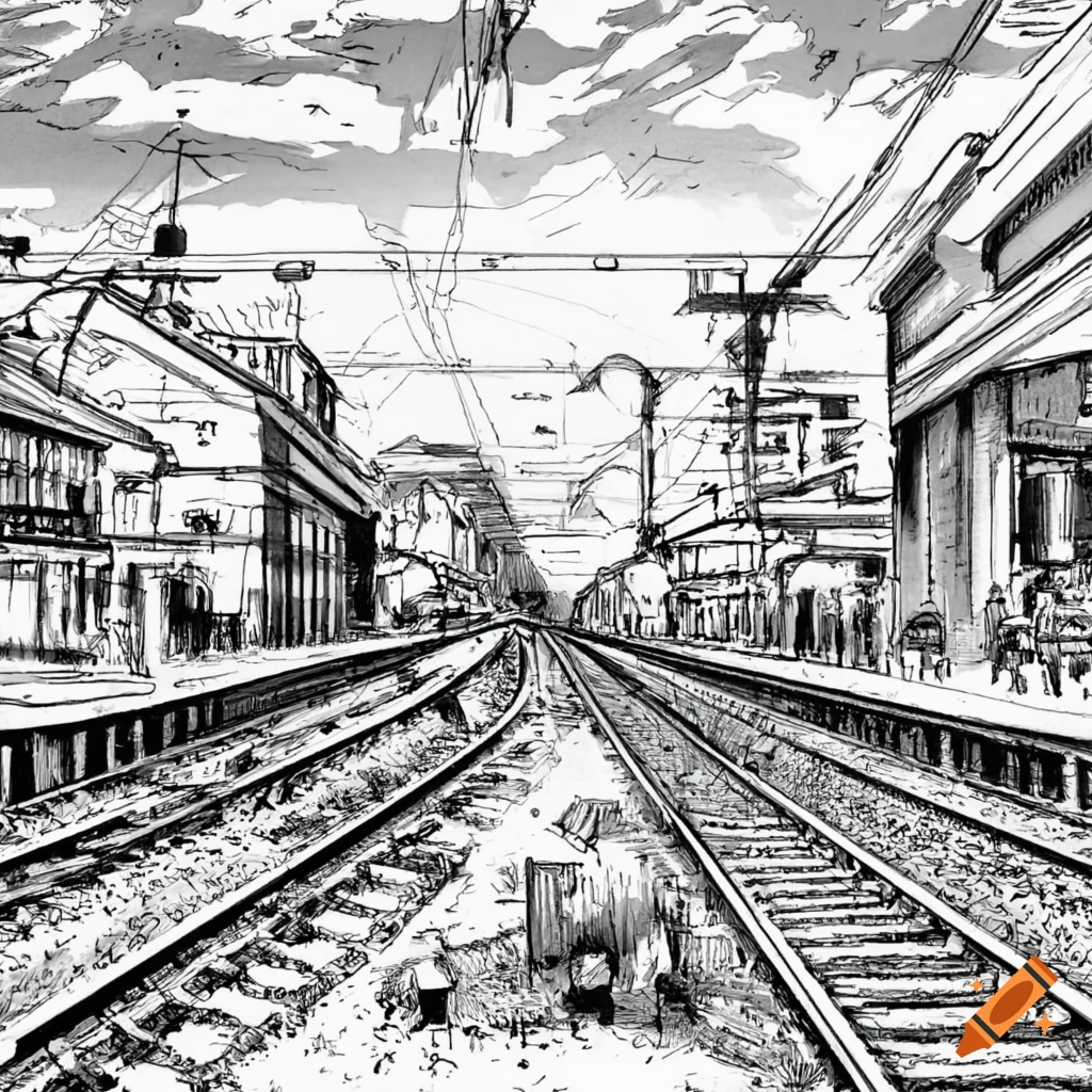 black and white sketch of a bustling train station