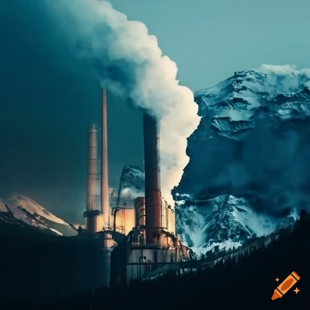 mountain landscape with factories emitting smoke