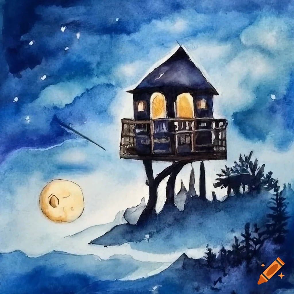 watercolor of a treehouse in the clouds at night
