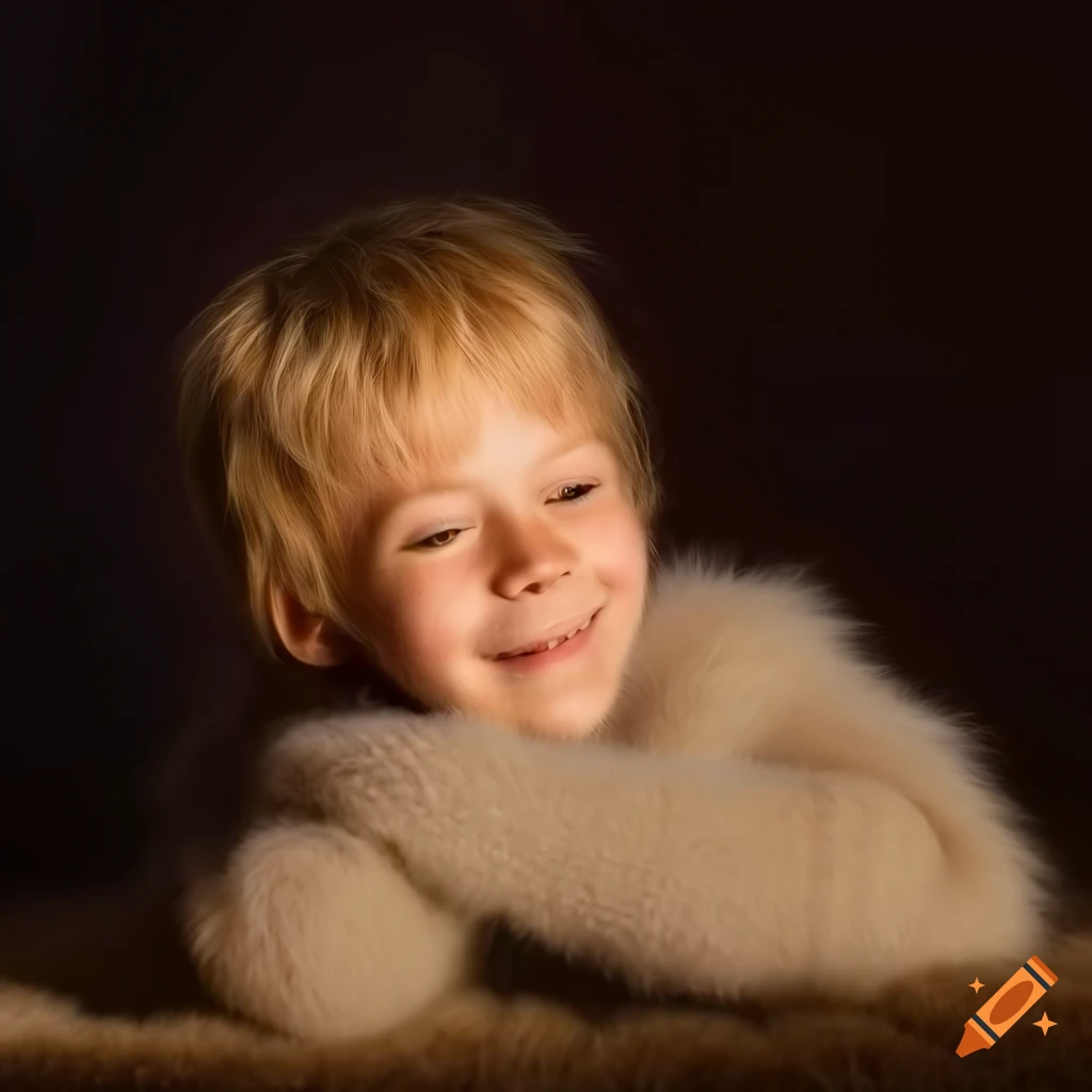 happy blond boy lying on a fur rug