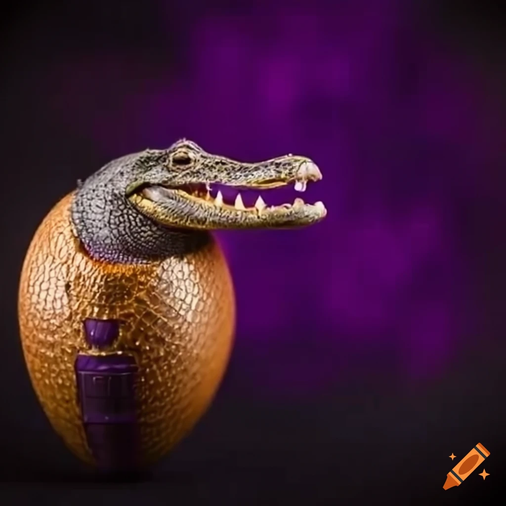 purple and gold alligator holding a football