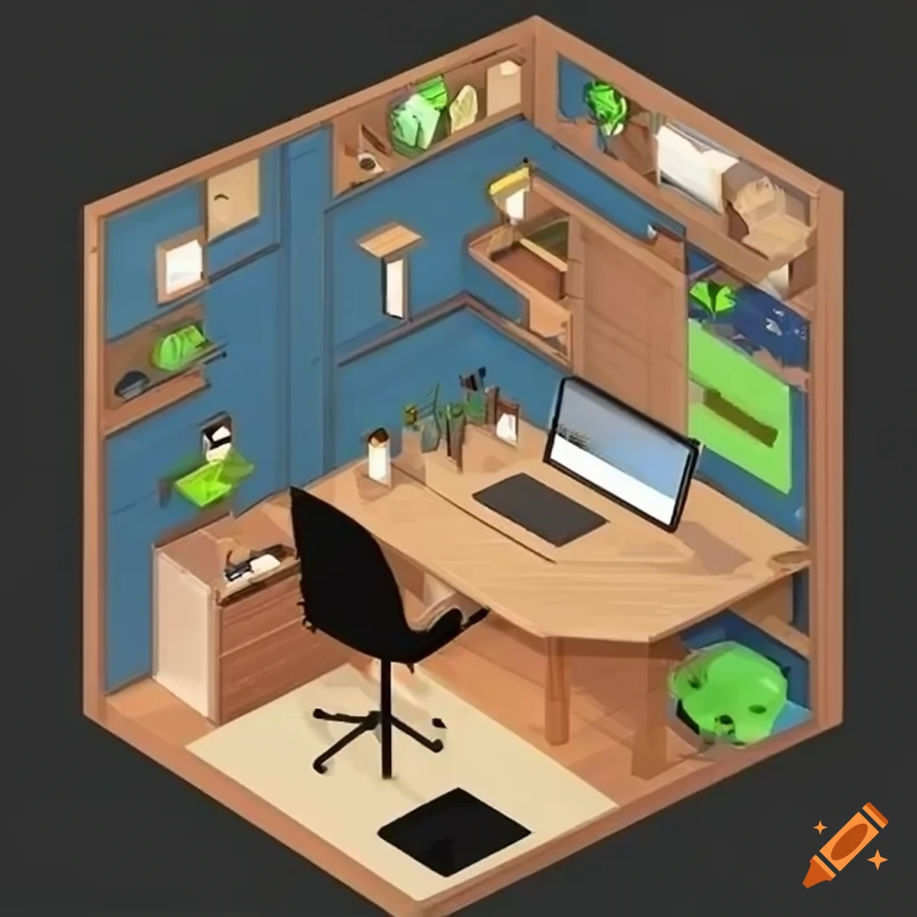 isometric image of a cozy cube room with a gaming setup