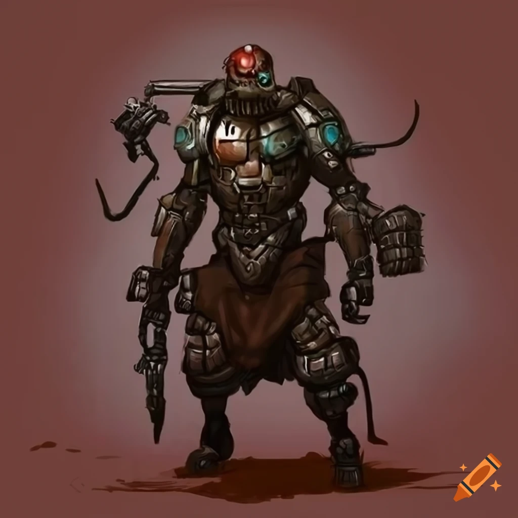 image of a dieselpunk cyborg warrior and a hoverjeep