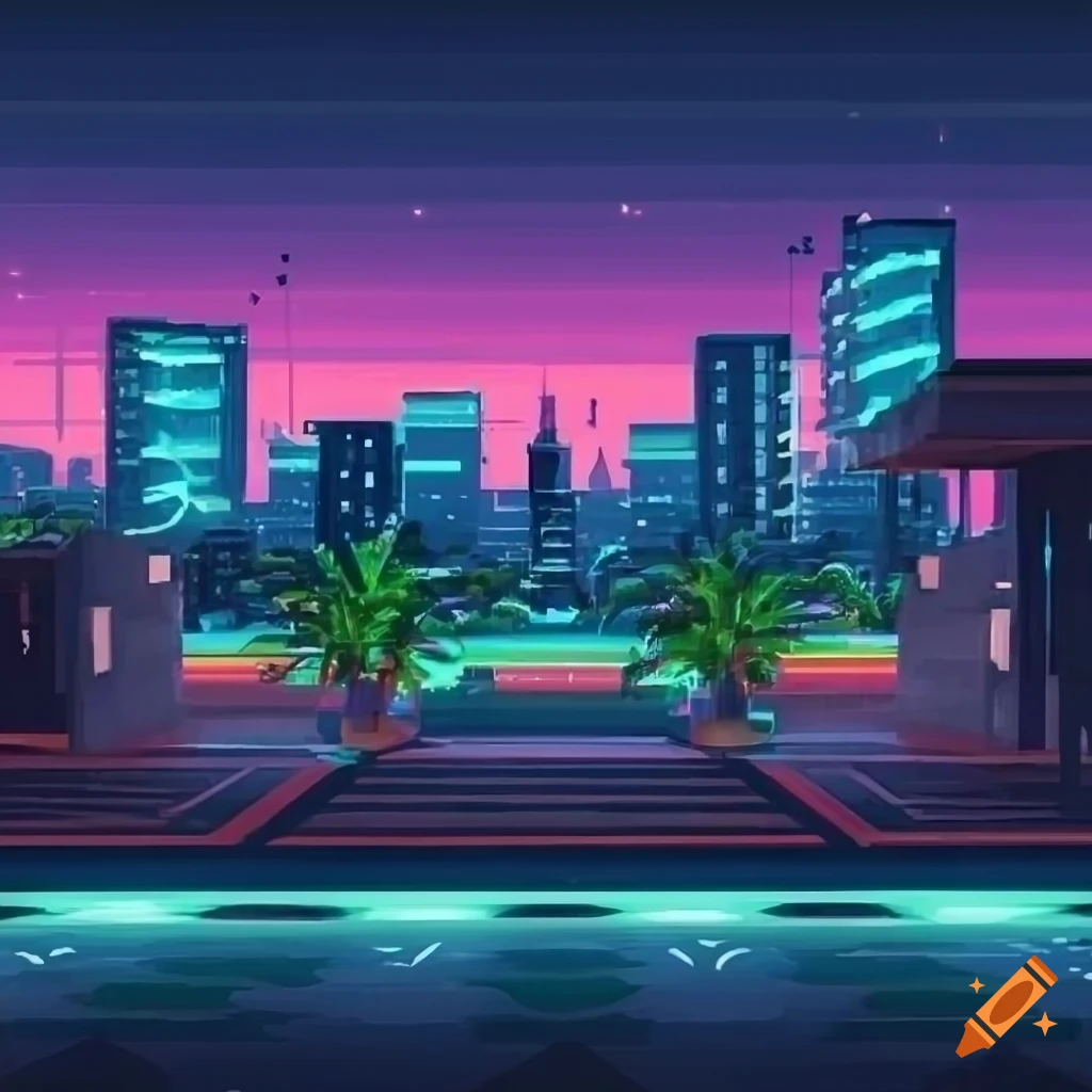 neon lighting patio with retro 80's design in a tropical landscape