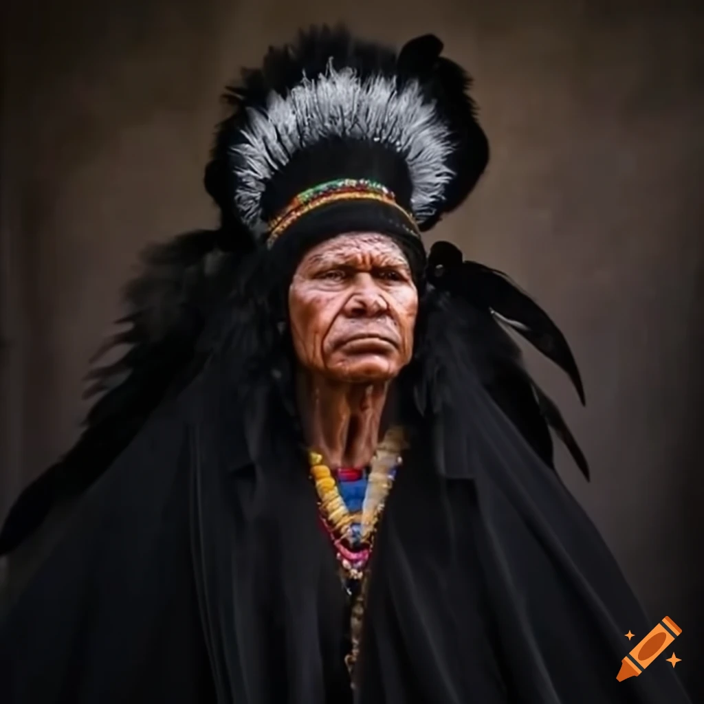 photo of an indigenous wise man with a black feathered headdress