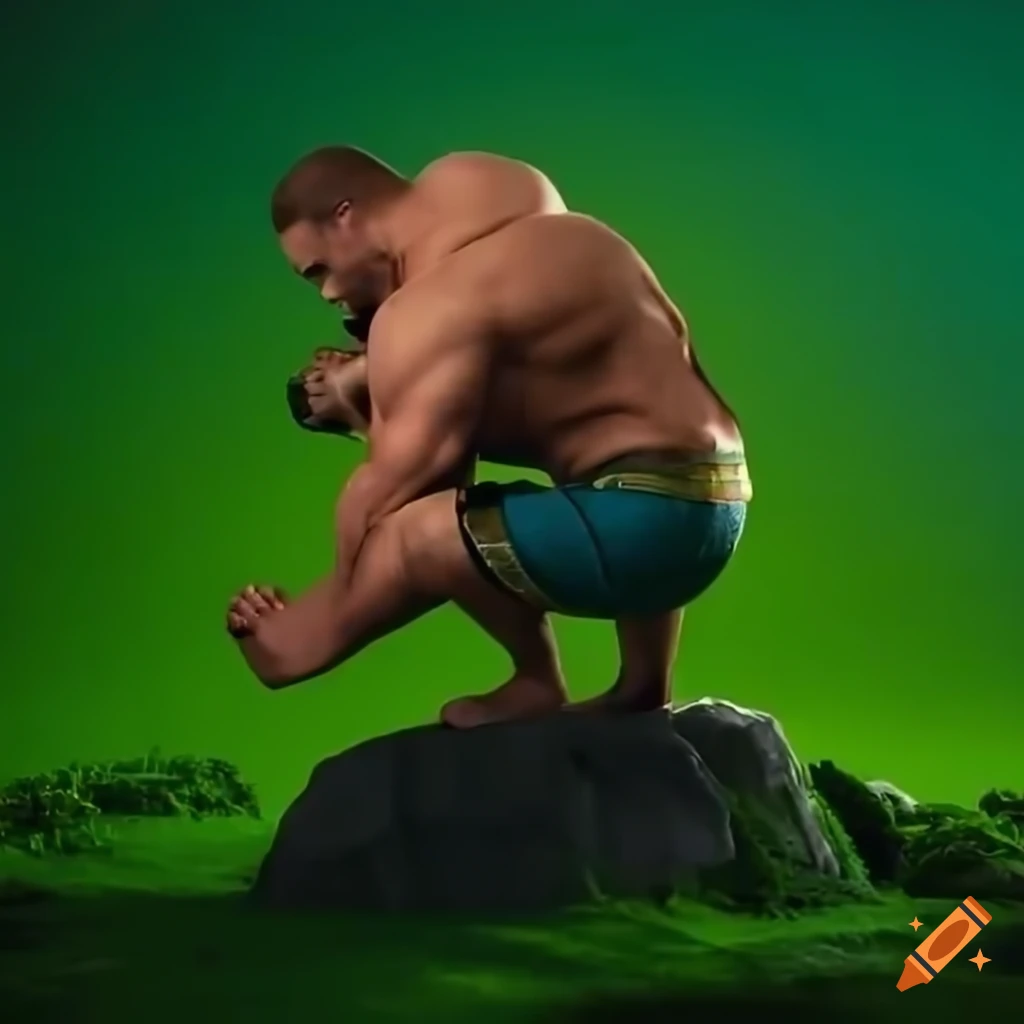fit man lifting a rock in a green environment