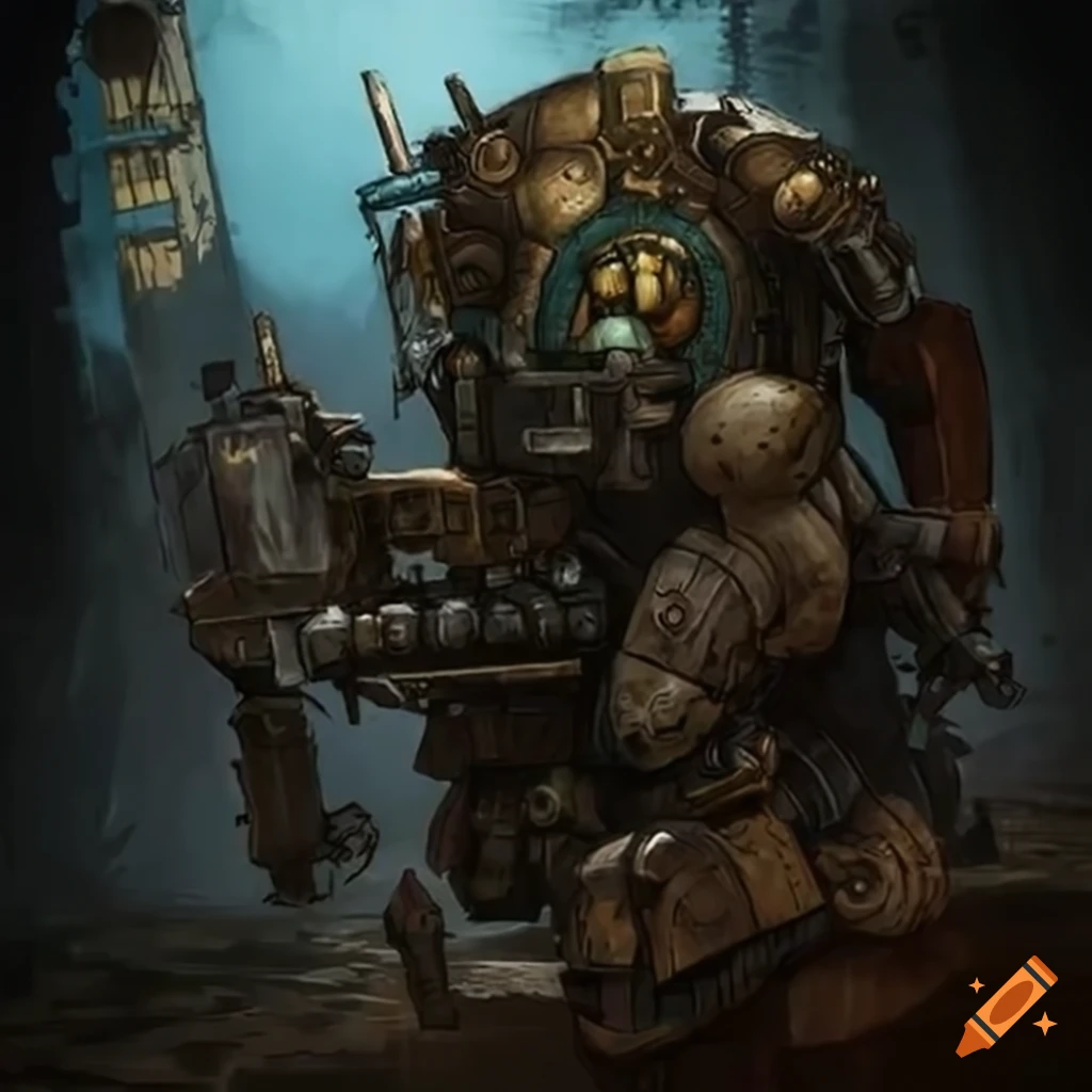 image of a tribal cyborg warrior in dieselpunk style