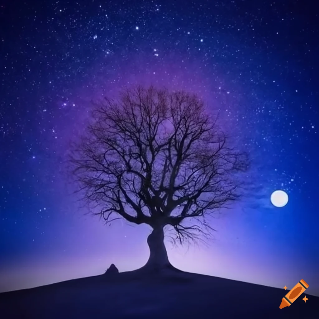 Mystical tree of life under a starry sky on Craiyon