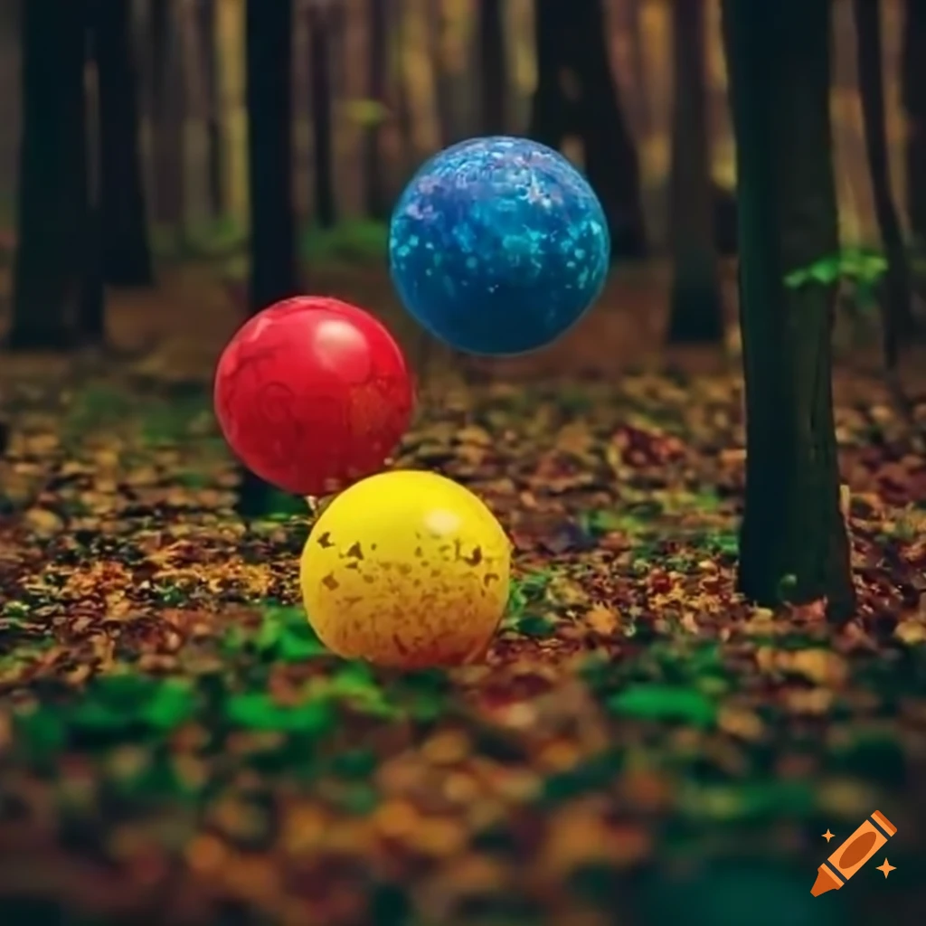 colorful balls bouncing in a forest