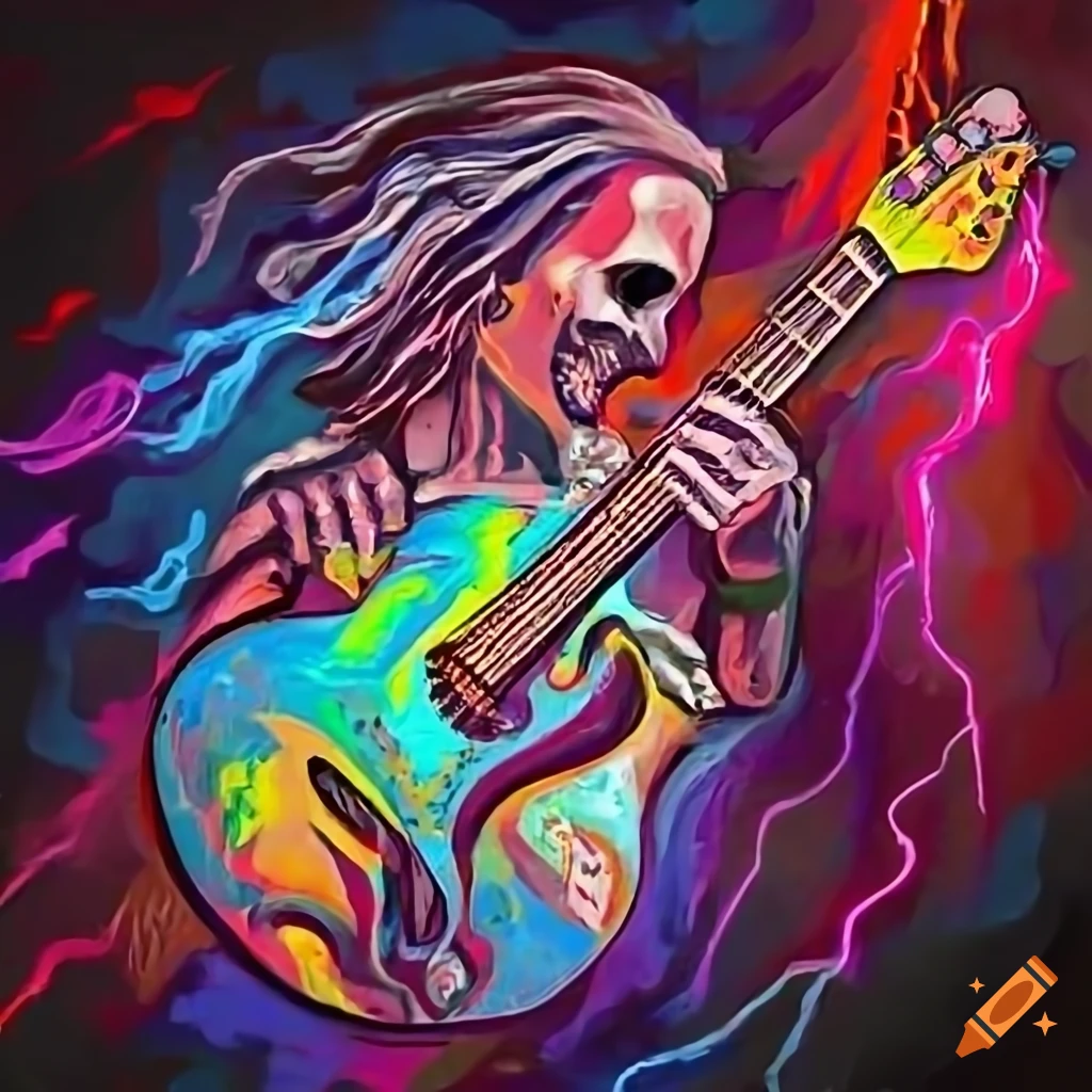 rock and roll festival logo with guitar, wings, skulls, and lightning