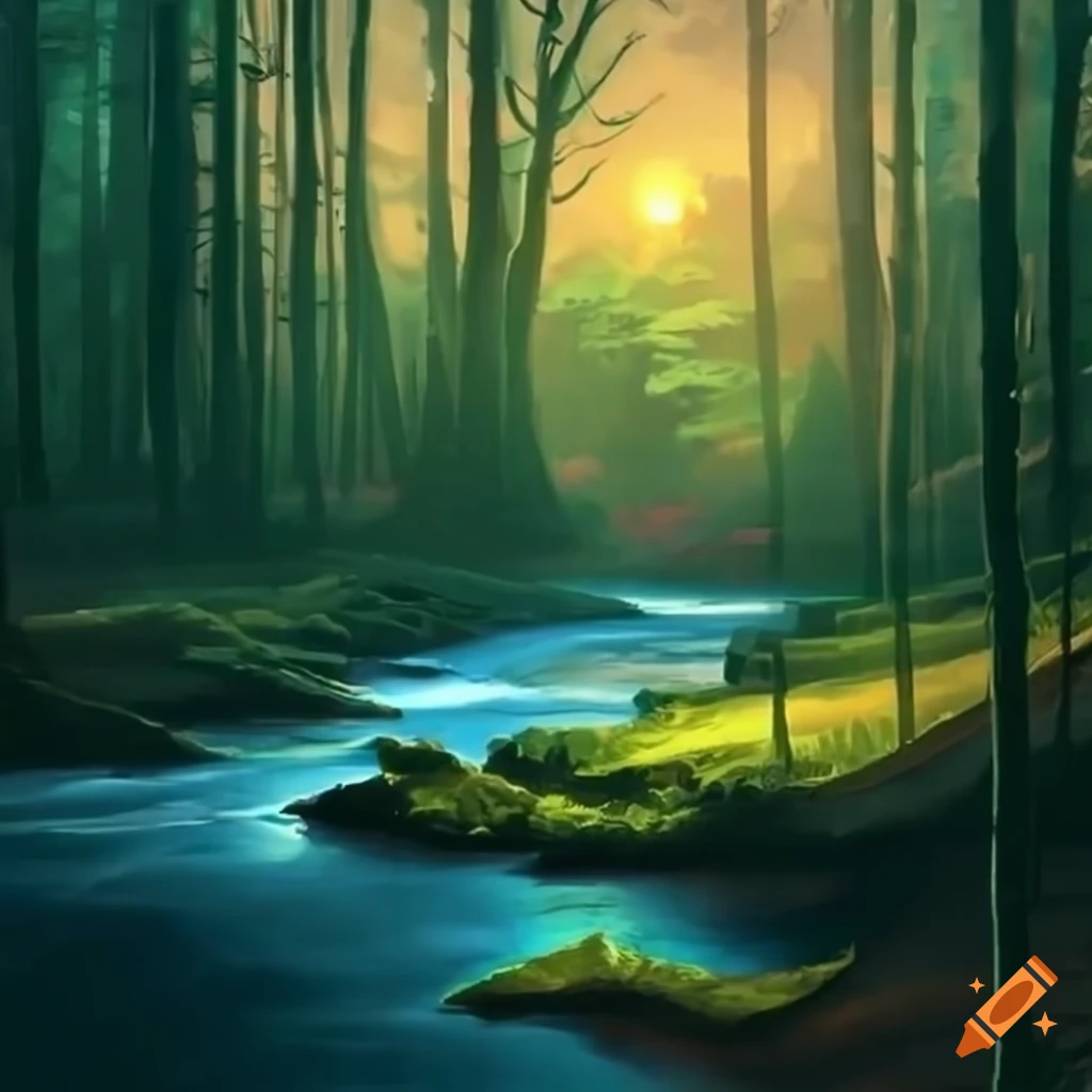 dreamlike forest near a river and old town