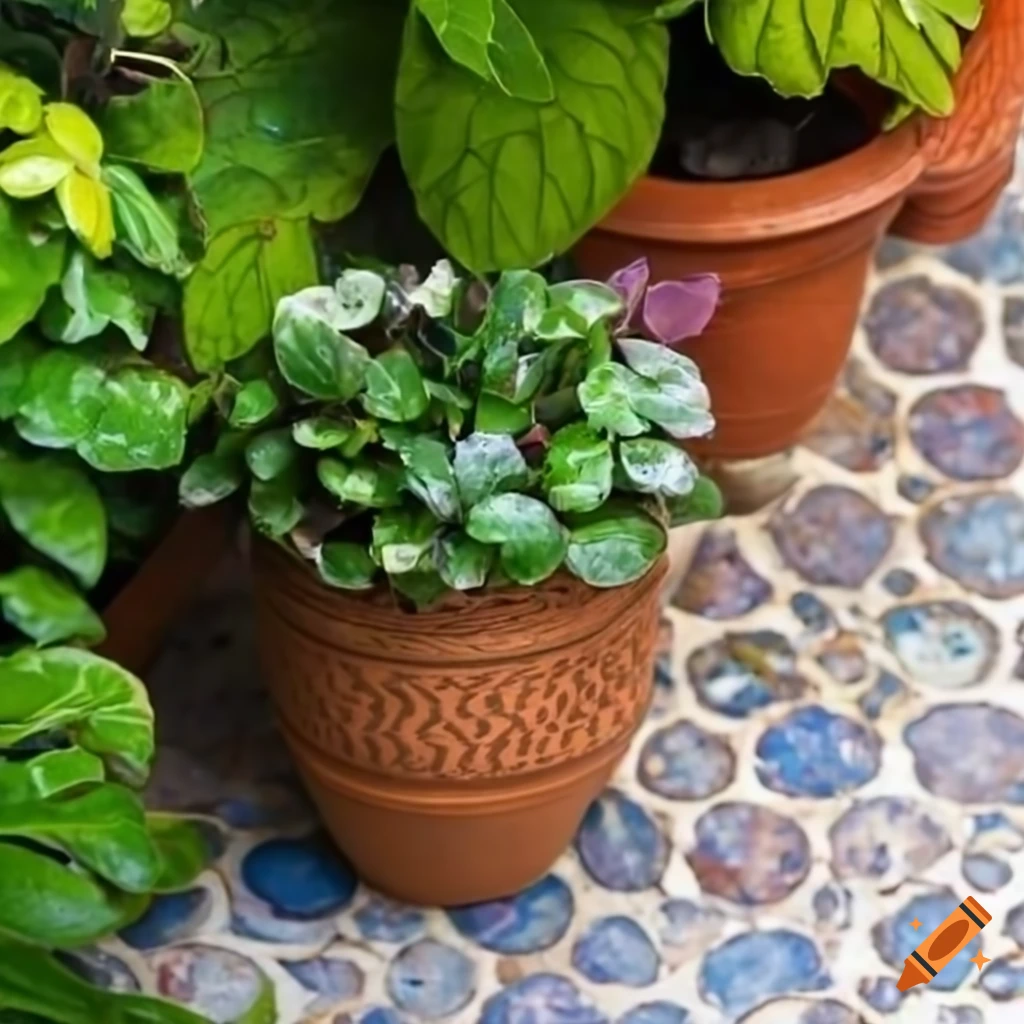 mosaic patio with potted plants