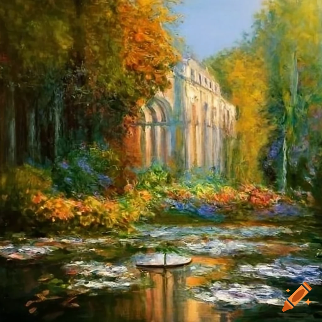 painting of a Victorian garden with a balcony overlooking a pond