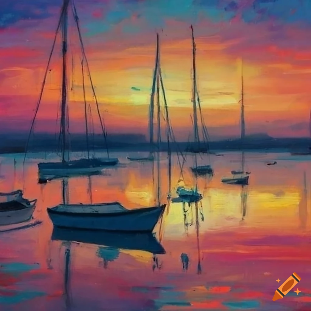 impressionist painting of a sunrise on a sailboat dock