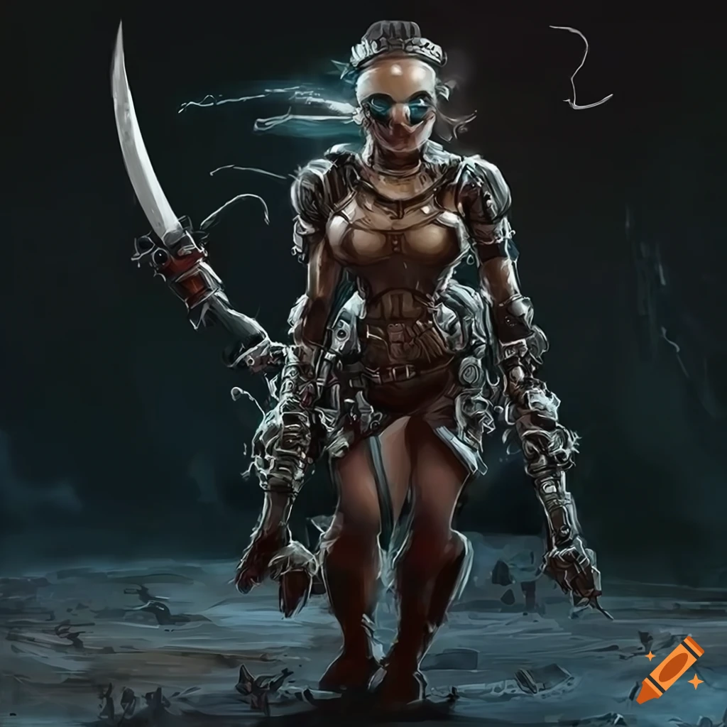 image of a tribal cyborg warrior with a skull-mark dagger next to a hoverjeep