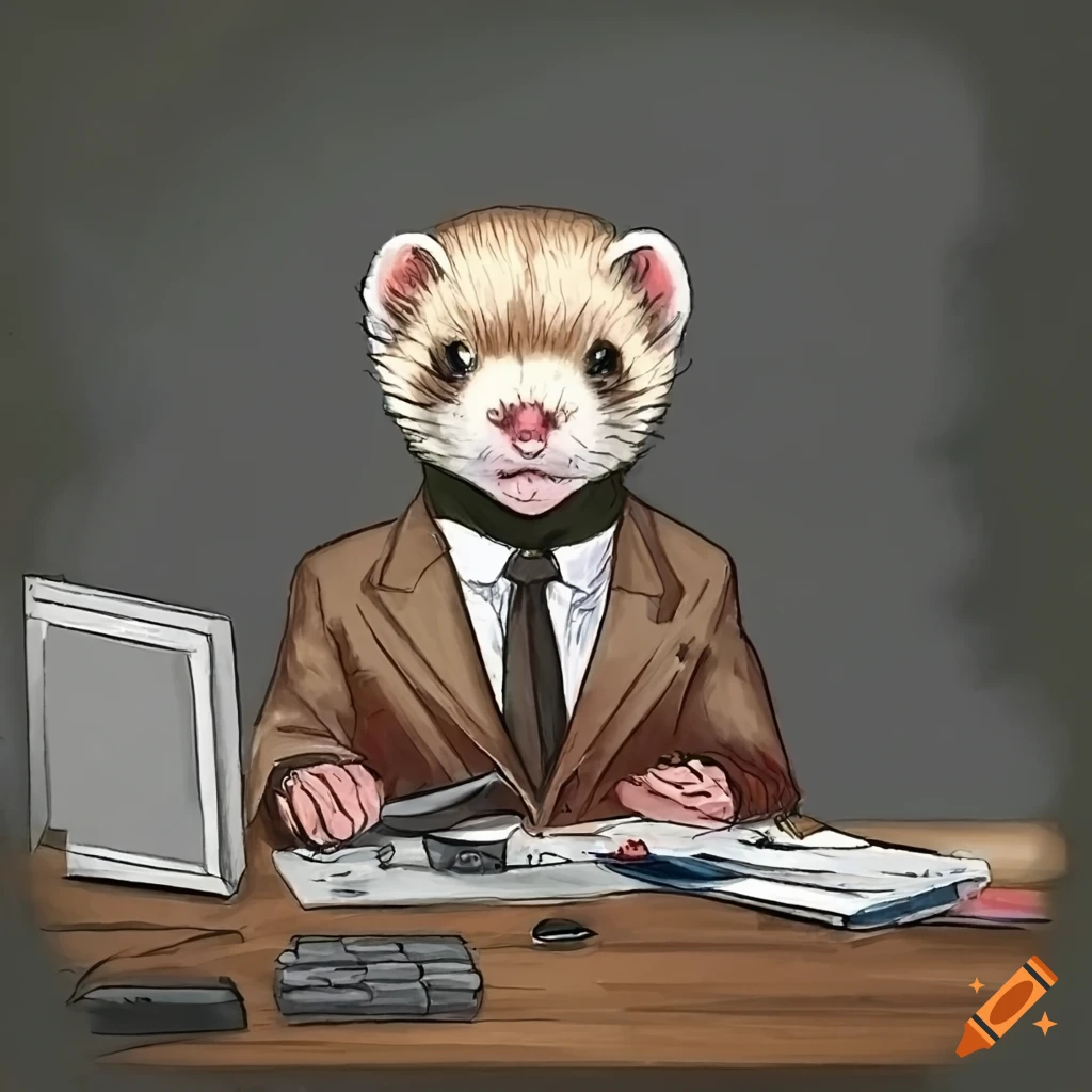 whimsical painting of a ferret in an office