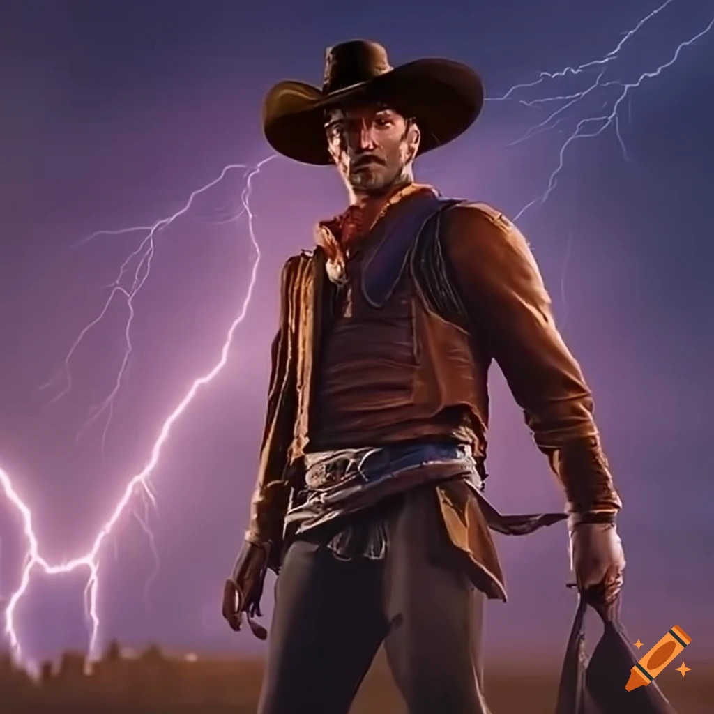 cinematic image of a cowboy in a lightning storm