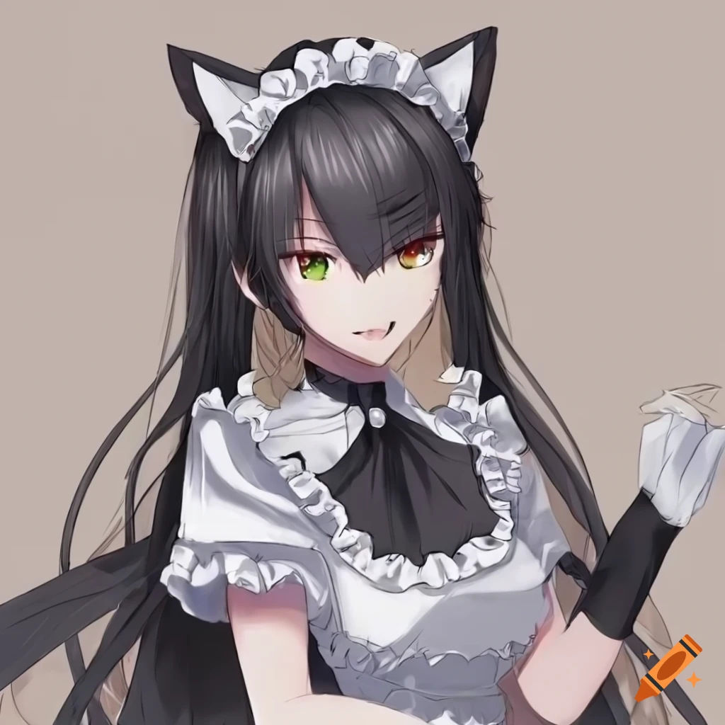 anime maid fox girl in black and white costume